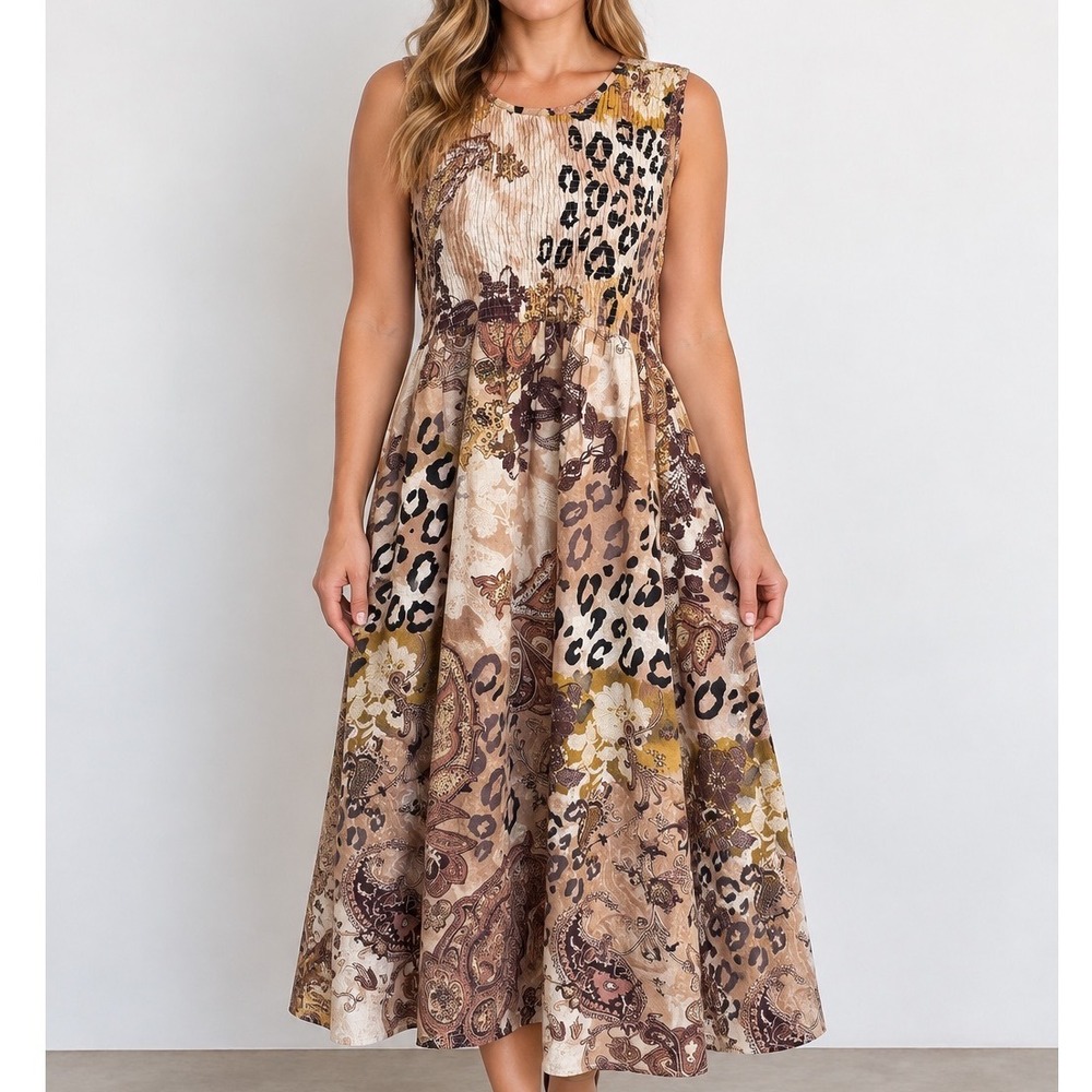 Boho Maxi Dress Womens Large 100% Cotton Leopard Paisley Smocked Jane Ashley